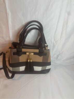 Structured Tassel Satchel Handbag in Beige and Black